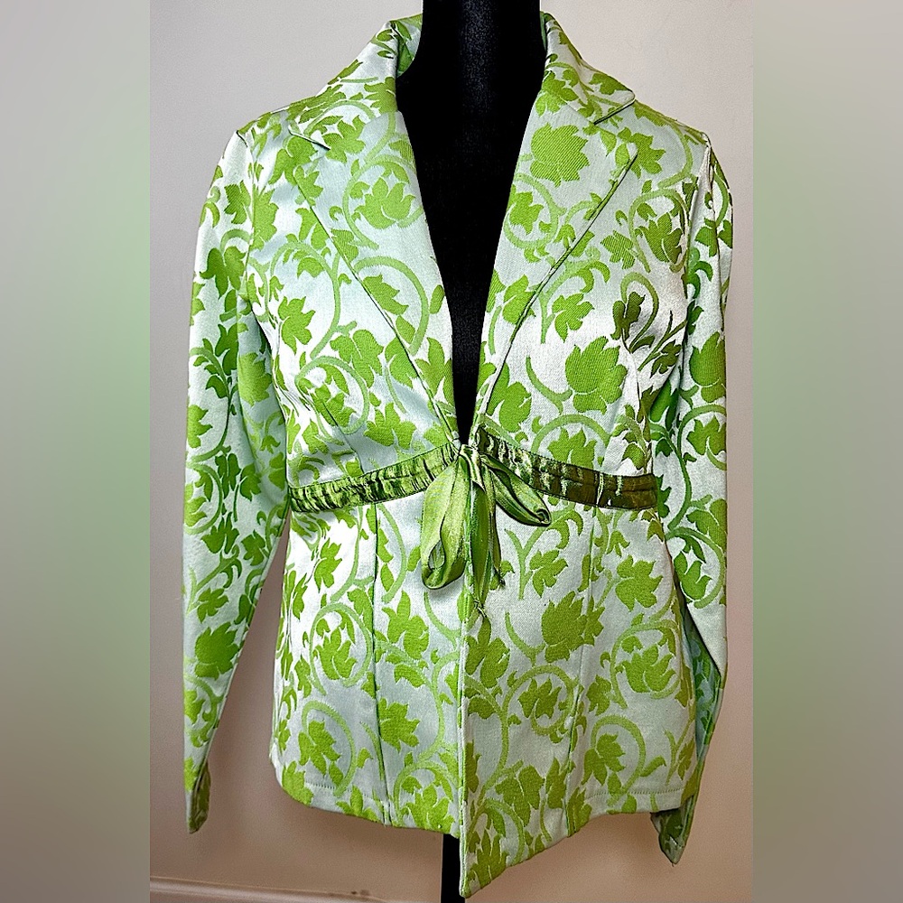 CINDY AMBUEHL Women’s Lime Green & White Floral Tapestry Brocade Jacket Sz Small